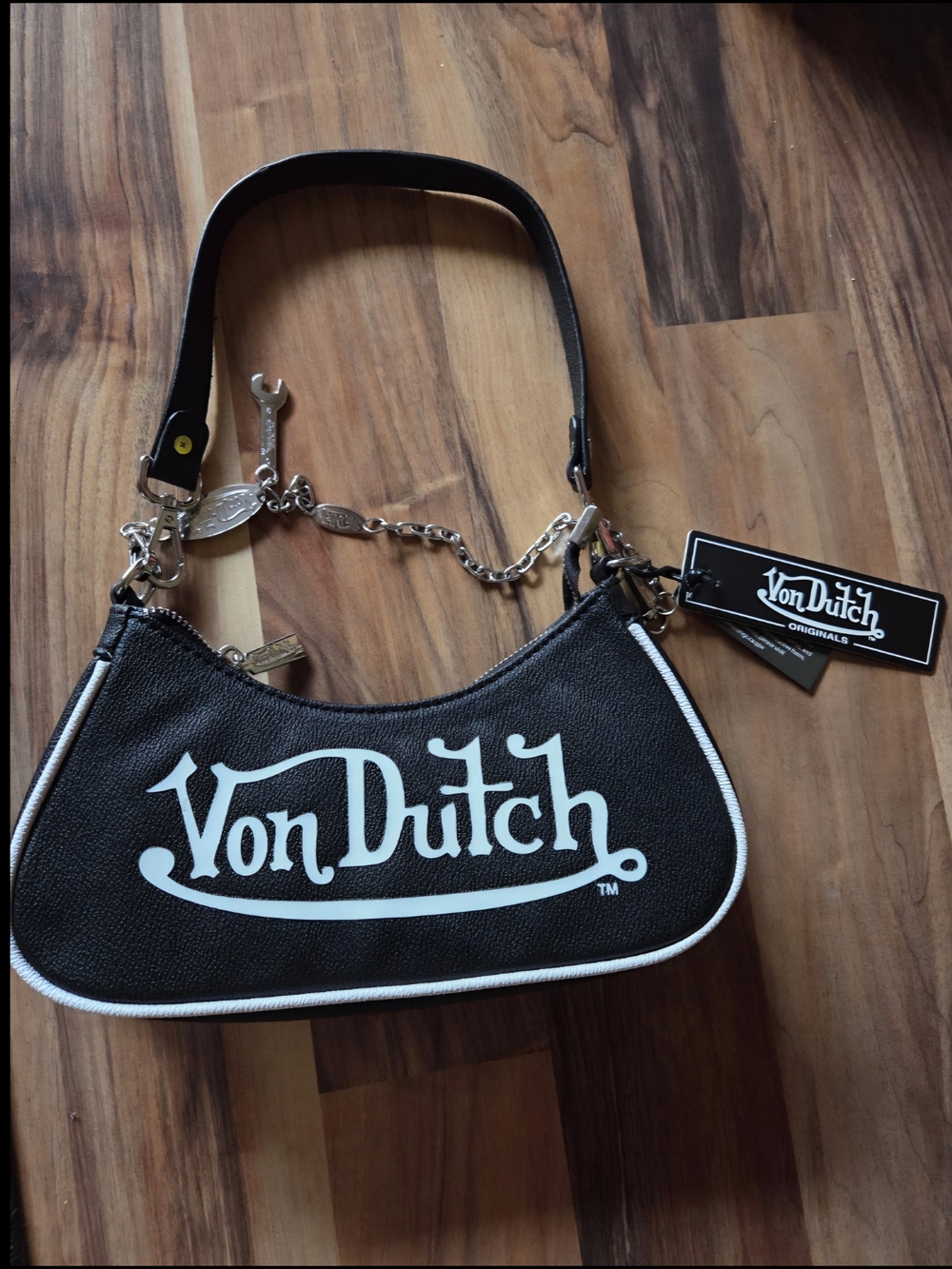 Von Dutch Black and White Logo Mini Bag